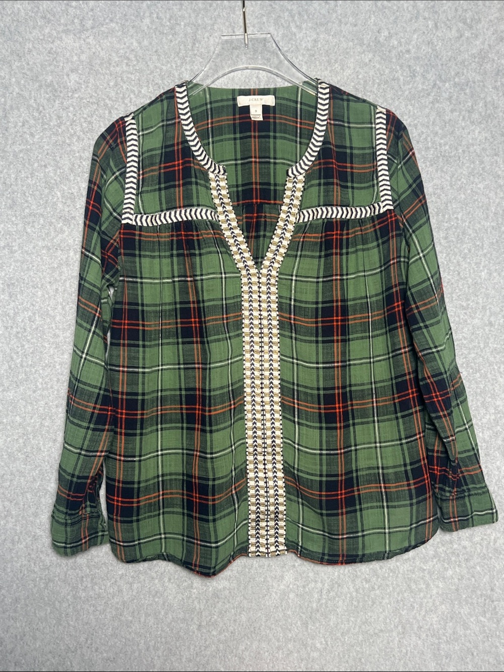 J.Crew Women’s Embroidered Peasant Top Green Plaid Sz 0